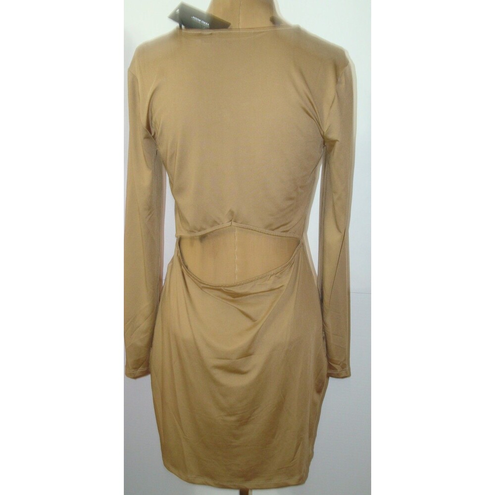 New Womens NWT Vero Moda $80 Open Back Dress Tigers Eye S Tan Gold Long Sleeves